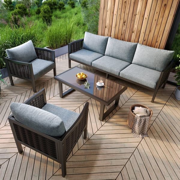 Havemøbelsæt med 5 dele (sofa + 2 lænestole + sofabord) - Udendørs - Vævet polyrattan - Galvaniseret stål - Grå