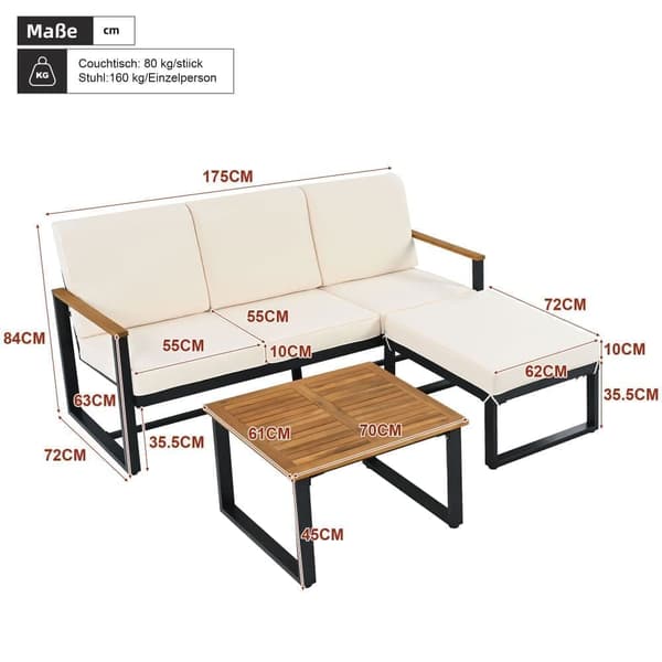 Trädgårdsset, hörnset för 4 personer, soffa + sidobord, tillverkat av varmförzinkat stål, bordsskiva av akaciaträ, färg beige + svart