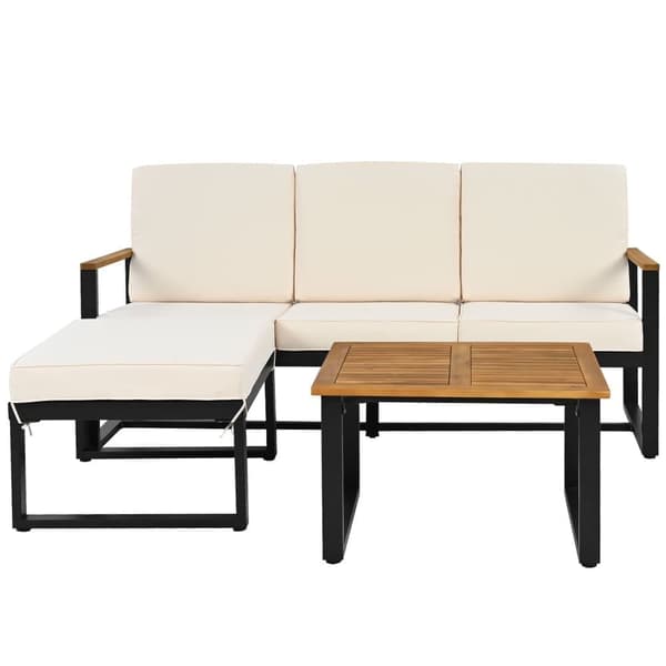 Trädgårdsset, hörnset för 4 personer, soffa + sidobord, tillverkat av varmförzinkat stål, bordsskiva av akaciaträ, färg beige + svart