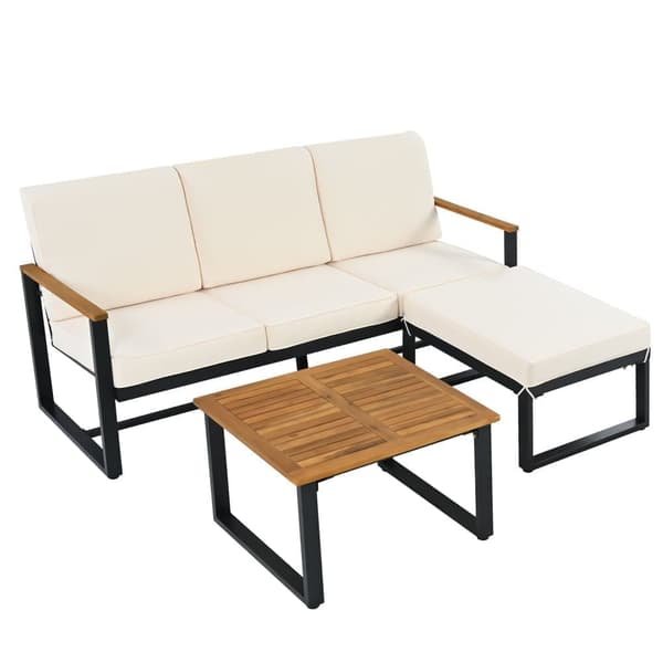 Trädgårdsset, hörnset för 4 personer, soffa + sidobord, tillverkat av varmförzinkat stål, bordsskiva av akaciaträ, färg beige + svart