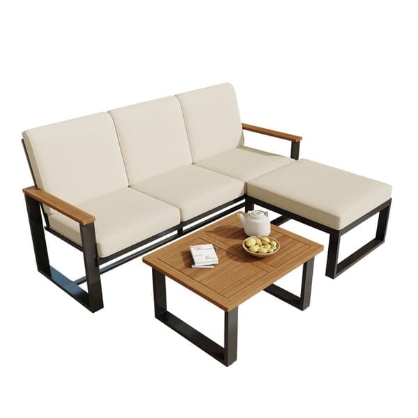 Trädgårdsset, hörnset för 4 personer, soffa + sidobord, tillverkat av varmförzinkat stål, bordsskiva av akaciaträ, färg beige + svart