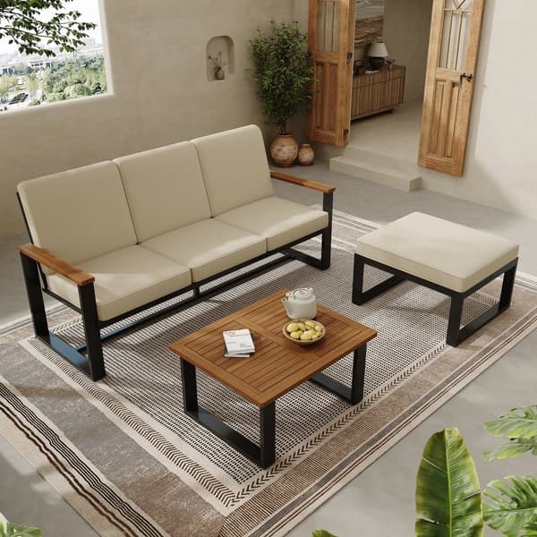 Trädgårdsset, hörnset för 4 personer, soffa + sidobord, tillverkat av varmförzinkat stål, bordsskiva av akaciaträ, färg beige + svart