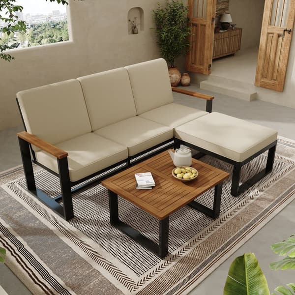 Trädgårdsset, hörnset för 4 personer, soffa + sidobord, tillverkat av varmförzinkat stål, bordsskiva av akaciaträ, färg beige + svart