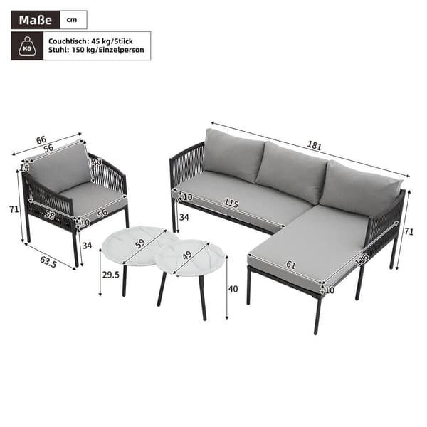 Havesæt, hjørnesæt med 5 dele: hjørnesofa, 1 lænestol og 2 sideborde, til udendørs brug, varmgalvaniseret stål, grå