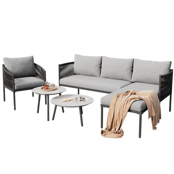 Havesæt, hjørnesæt med 5 dele: hjørnesofa, 1 lænestol og 2 sideborde, til udendørs brug, varmgalvaniseret stål, grå
