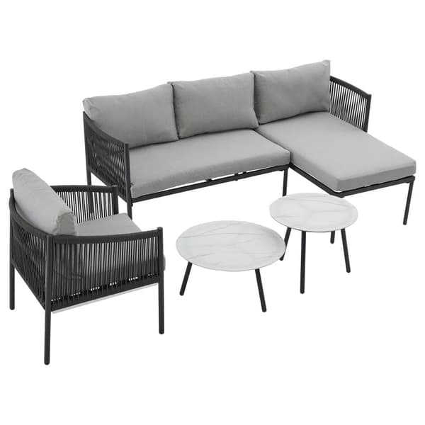 Havesæt, hjørnesæt med 5 dele: hjørnesofa, 1 lænestol og 2 sideborde, til udendørs brug, varmgalvaniseret stål, grå