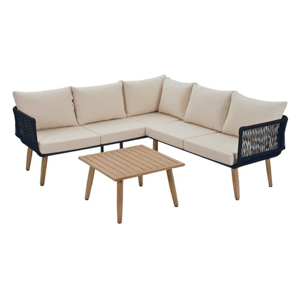 Havesæt, hjørnesæt til 5 personer: Hjørnesofa og 1 sidebord, til udendørs brug, lavet af varmgalvaniseret stål, beige