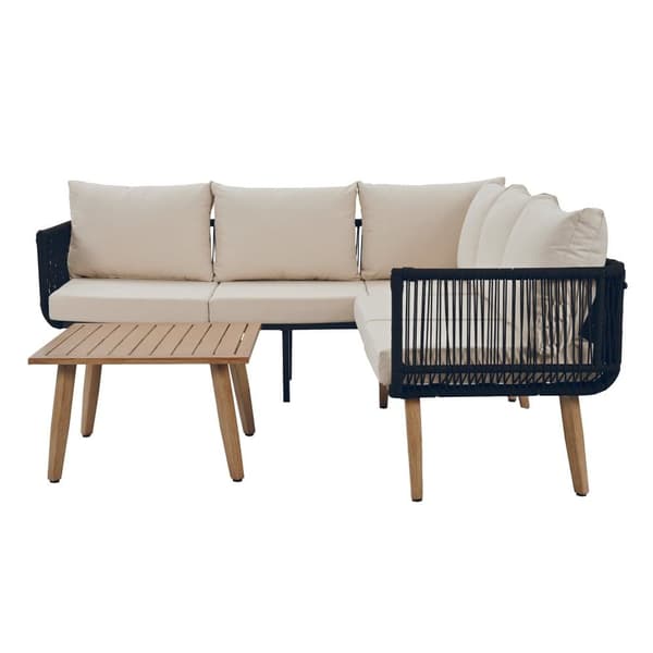 Havesæt, hjørnesæt til 5 personer: Hjørnesofa og 1 sidebord, til udendørs brug, lavet af varmgalvaniseret stål, beige