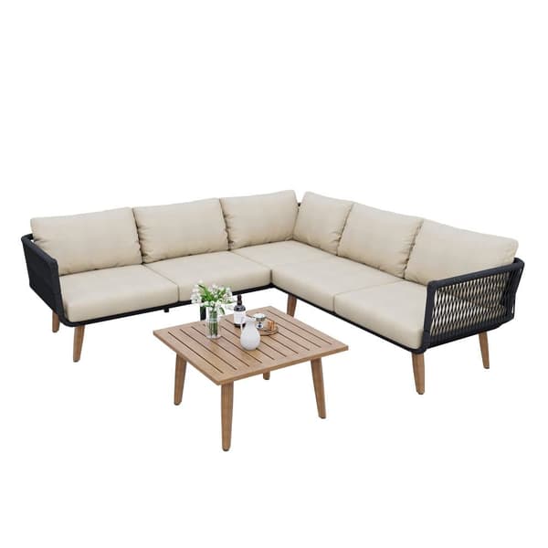 Havesæt, hjørnesæt til 5 personer: Hjørnesofa og 1 sidebord, til udendørs brug, lavet af varmgalvaniseret stål, beige