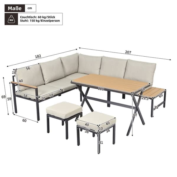 Havesæt 7 sæder - Møbelsæt - Lavet af letvægts galvaniseret jern - 2 sofaer - Med spisebord - 2 taburetter - Beige