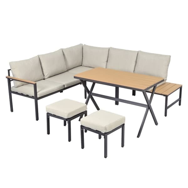 Havesæt 7 sæder - Møbelsæt - Lavet af letvægts galvaniseret jern - 2 sofaer - Med spisebord - 2 taburetter - Beige