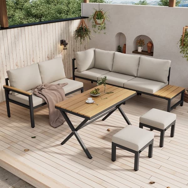 Havesæt 7 sæder - Møbelsæt - Lavet af letvægts galvaniseret jern - 2 sofaer - Med spisebord - 2 taburetter - Beige