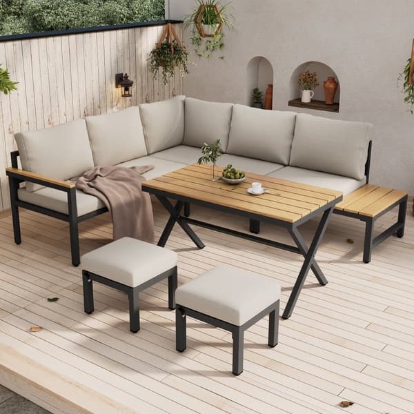 Havesæt 7 sæder - Møbelsæt - Lavet af letvægts galvaniseret jern - 2 sofaer - Med spisebord - 2 taburetter - Beige