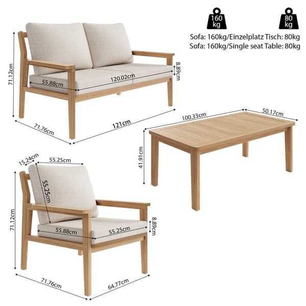 Trädgårdslounge för 4 personer, träkonstruktion, justerbara fötter, 1 soffa - 2 fåtöljer och 1 lågt bord, beige.
