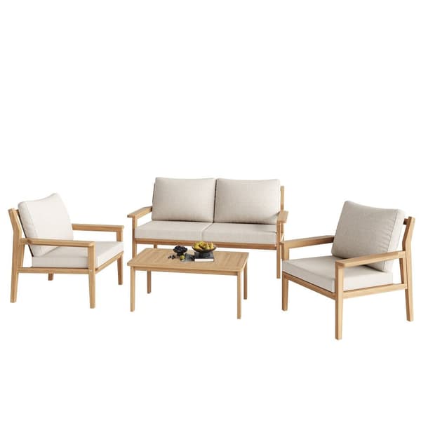 Trädgårdslounge för 4 personer, träkonstruktion, justerbara fötter, 1 soffa - 2 fåtöljer och 1 lågt bord, beige.