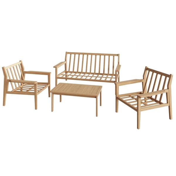 Trädgårdslounge för 4 personer, träkonstruktion, justerbara fötter, 1 soffa - 2 fåtöljer och 1 lågt bord, beige.