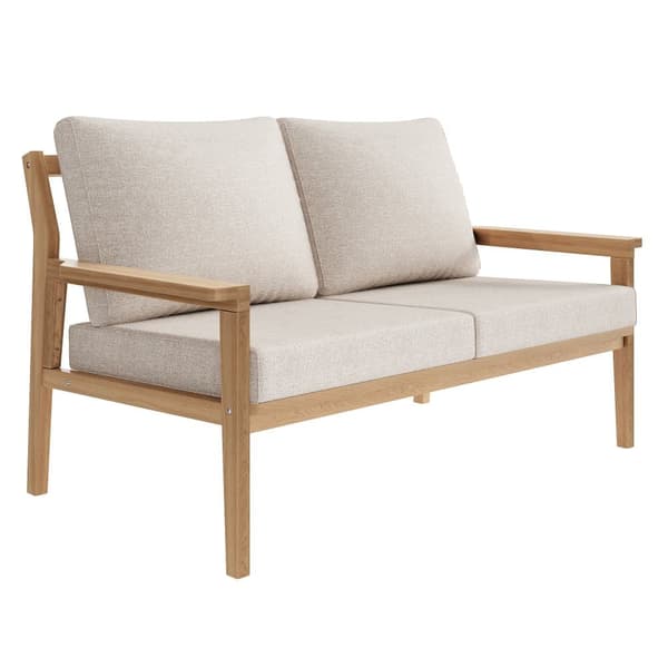 Trädgårdslounge för 4 personer, träkonstruktion, justerbara fötter, 1 soffa - 2 fåtöljer och 1 lågt bord, beige.