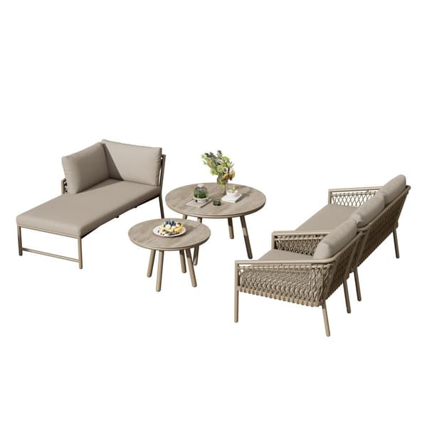 Rope garden lounge för 4 personer, galvaniserad järnkonstruktion, justerbara fötter, 1 soffa - 1 soffstol - 1 fåtölj och 2 låga bord, beige