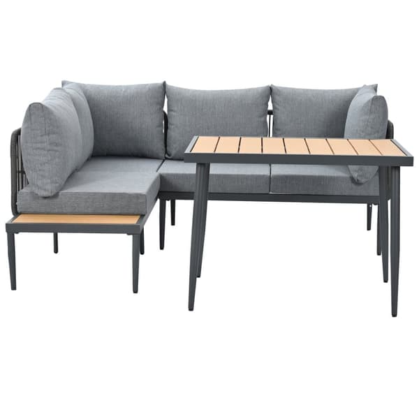 Havelounge, 4 sæder - Letvægts galvaniseret jern - Plast træplade - Hjørnesofa + spisebord - Grå