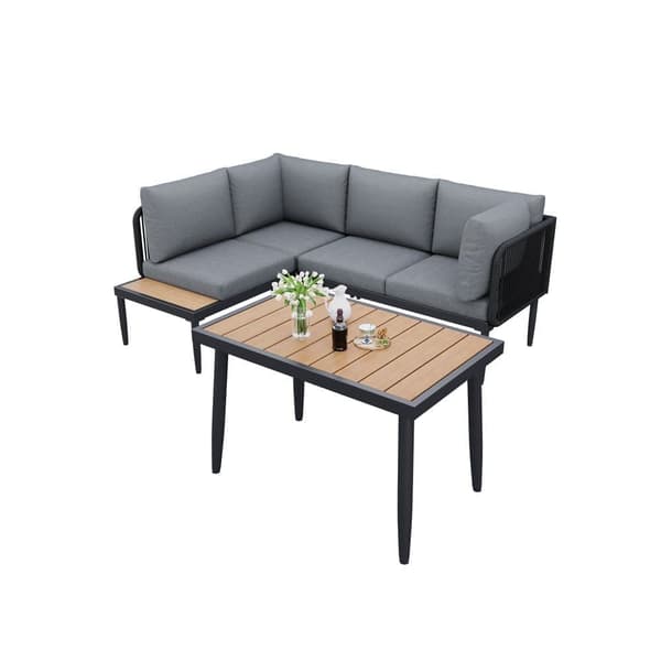 Havelounge, 4 sæder - Letvægts galvaniseret jern - Plast træplade - Hjørnesofa + spisebord - Grå