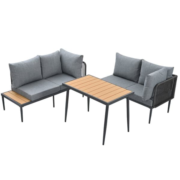 Havelounge, 4 sæder - Letvægts galvaniseret jern - Plast træplade - Hjørnesofa + spisebord - Grå