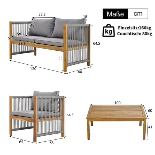Stål Havestue, 4 Siddepladser - Sofa, 2 Lænestole & Lille Bord - Flettet Reb & Akacietræ - Grå