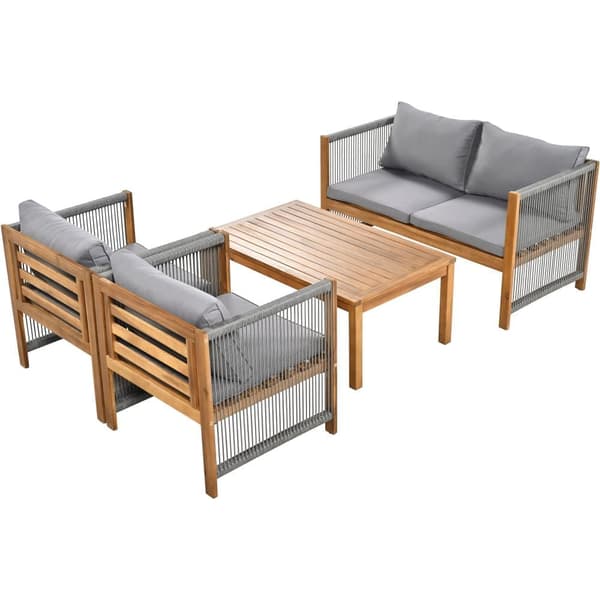 Stål Havestue, 4 Siddepladser - Sofa, 2 Lænestole & Lille Bord - Flettet Reb & Akacietræ - Grå