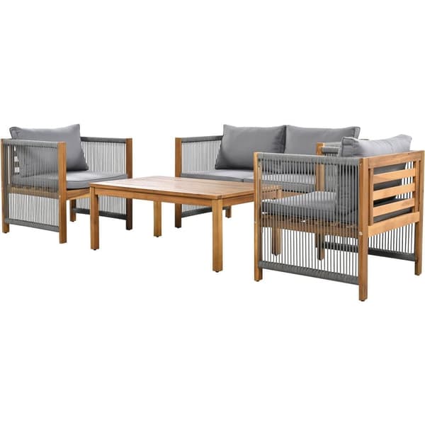 Stål Havestue, 4 Siddepladser - Sofa, 2 Lænestole & Lille Bord - Flettet Reb & Akacietræ - Grå