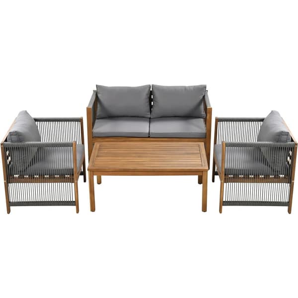 Stål Havestue, 4 Siddepladser - Sofa, 2 Lænestole & Lille Bord - Flettet Reb & Akacietræ - Grå
