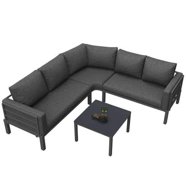 Trädgårdslounge i galvaniserat järn, 4 sittplatser - 2 soffor, 1 lågt bord i härdat glas - med dynor - grå