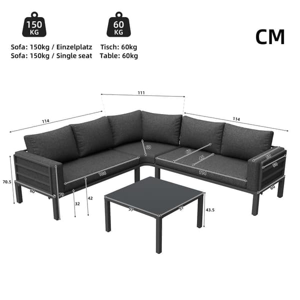 Trädgårdslounge i galvaniserat järn, 4 sittplatser - 2 soffor, 1 lågt bord i härdat glas - med dynor - grå
