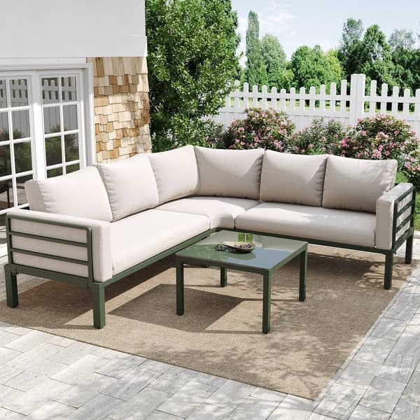 Havestue i galvaniseret jern, 4 siddepladser - 2 sofaer, 1 lavt hærdet glasbord - med hynder - Beige