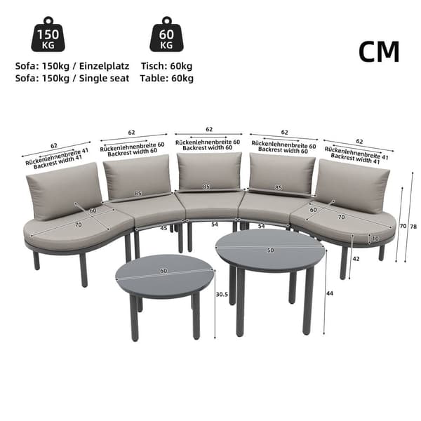 Havestue, 5 siddepladser - 2 lave hærdede glasborde - lavet af galvaniseret jern - med justerbare fødder - elegant rund sofa - grå