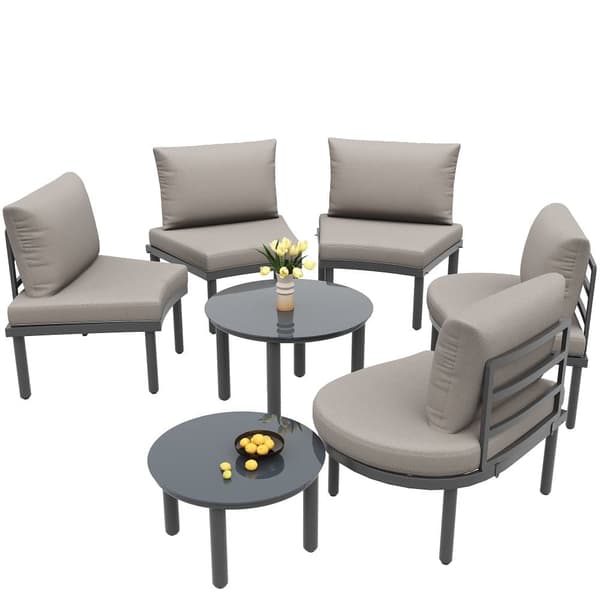 Havestue, 5 siddepladser - 2 lave hærdede glasborde - lavet af galvaniseret jern - med justerbare fødder - elegant rund sofa - grå