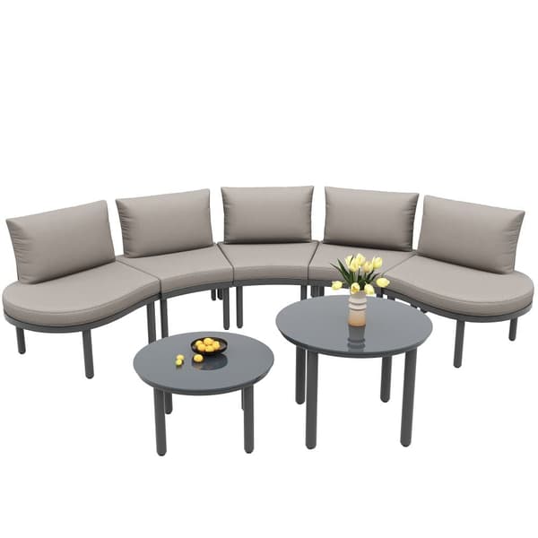 Havestue, 5 siddepladser - 2 lave hærdede glasborde - lavet af galvaniseret jern - med justerbare fødder - elegant rund sofa - grå