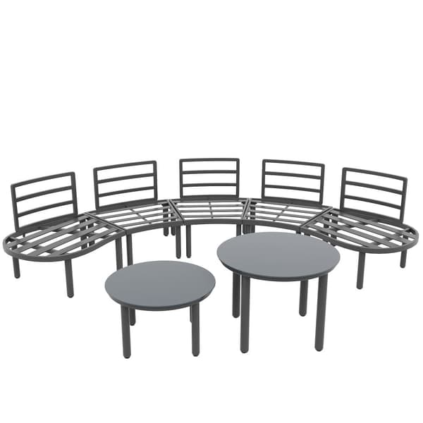 Havestue, 5 siddepladser - 2 lave hærdede glasborde - lavet af galvaniseret jern - med justerbare fødder - elegant rund sofa - grå