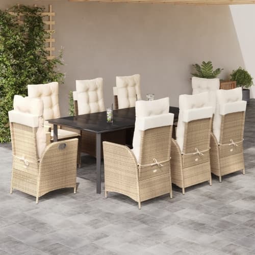 Matgrupp för trädgården med dynor 9 delar beige konstrotting