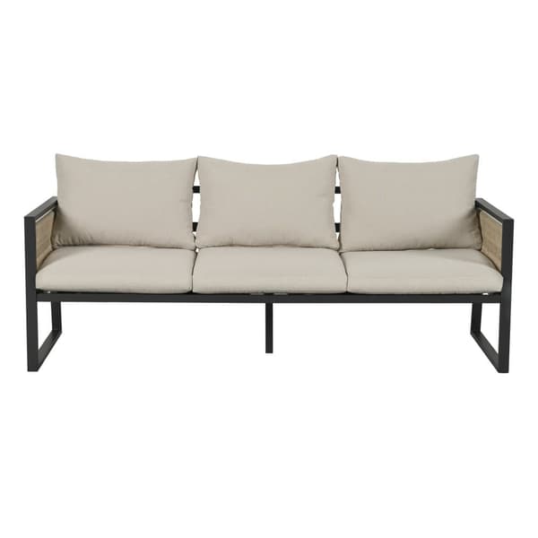 Trädgårdslounge i stål, 5 platser - tillverkad av rep - soffa - 2 fåtöljer och lågt bord - tillverkat av flätat rep och träplastskiva - beige