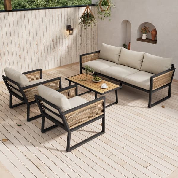 Trädgårdslounge i stål, 5 platser - tillverkad av rep - soffa - 2 fåtöljer och lågt bord - tillverkat av flätat rep och träplastskiva - beige