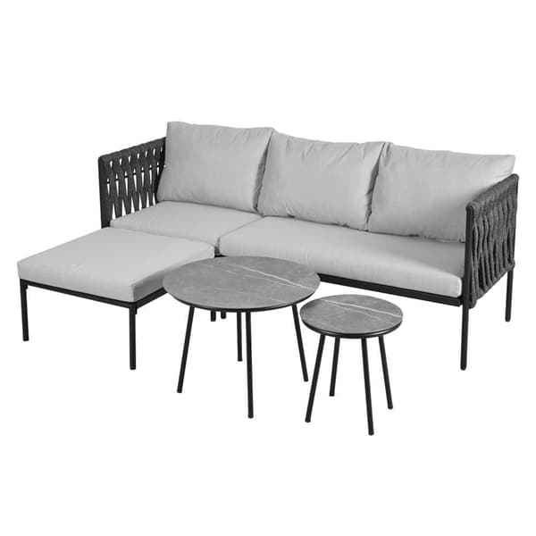 Havestue, 4 siddepladser - Havemøbelsæt, hjørnesofa + 2 lave borde + fodstøtter, tykt rebstof, grå