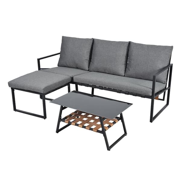 Havestue - 4 Sæder - Galvaniseret stål - Sofa - 1 Lavt bord - Glasplade - 1 Skammel - Kunstlæder - Grå