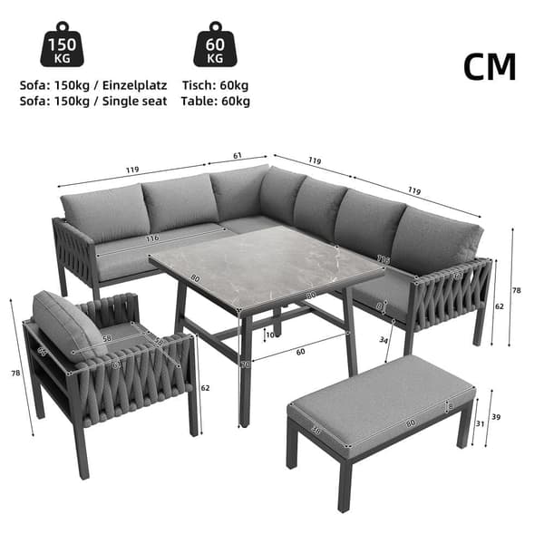 Havemøbler - lavet af reb - med galvaniseret jernstruktur, justerbare fødder, hjørnesofa, 1 lænestol, 1 skammel, grå