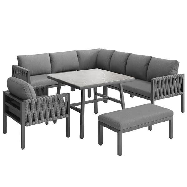 Havemøbler - lavet af reb - med galvaniseret jernstruktur, justerbare fødder, hjørnesofa, 1 lænestol, 1 skammel, grå