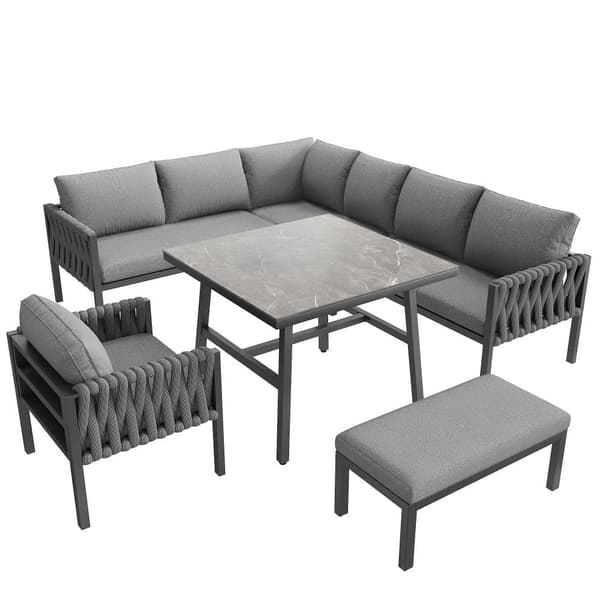 Havemøbler - lavet af reb - med galvaniseret jernstruktur, justerbare fødder, hjørnesofa, 1 lænestol, 1 skammel, grå