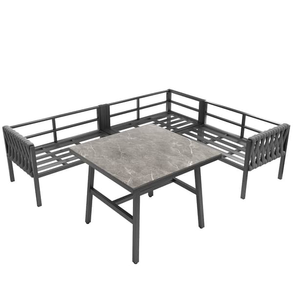 Havemøbler - lavet af reb - med galvaniseret jernstruktur, justerbare fødder, hjørnesofa, 1 lænestol, 1 skammel, grå