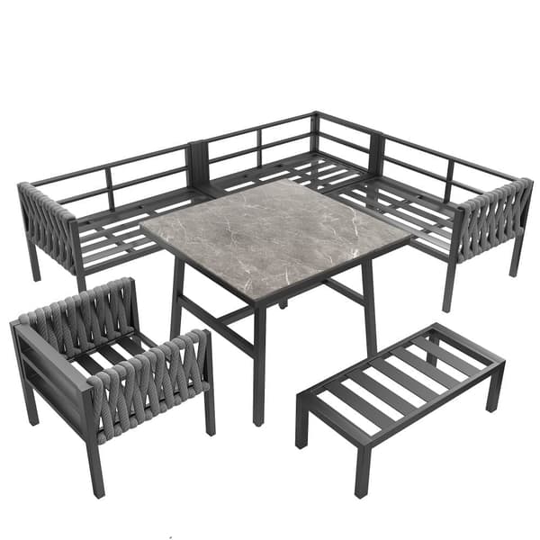 Havemøbler - lavet af reb - med galvaniseret jernstruktur, justerbare fødder, hjørnesofa, 1 lænestol, 1 skammel, grå