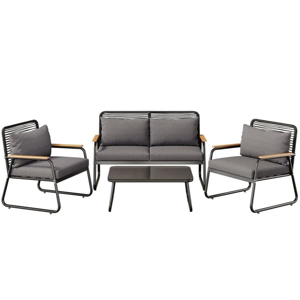 Havestue til 4 personer, design i galvaniseret jern, justerbare fødder, 1 sofa - 2 lænestole og 1 sofabord, sort