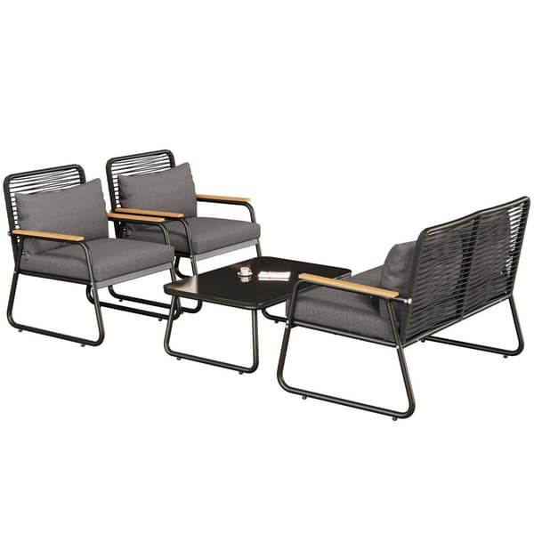 Havestue til 4 personer, design i galvaniseret jern, justerbare fødder, 1 sofa - 2 lænestole og 1 sofabord, sort