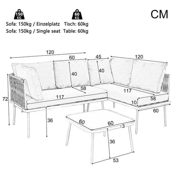 Iron havestole - L-formede havemøbler - Med sædehynder - Justerbare fødder - 2 sofaer + 1 bord - Khaki