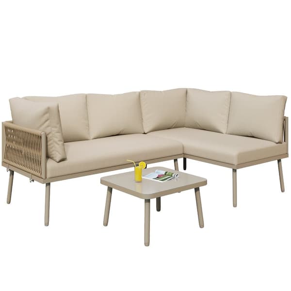 Iron havestole - L-formede havemøbler - Med sædehynder - Justerbare fødder - 2 sofaer + 1 bord - Khaki